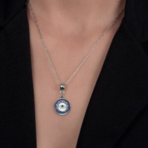 Colar Medalha Olho Grego Banhado em Ródio