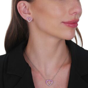 Conjunto de Coração Vazado Cravejado de Zircônia Rosa Dois Tons Banhado em Ródio